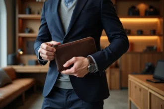 Homme en blazer marine inspectant les détails de couture d'une pochette en cuir marron dans une boutique masculine contemporaine