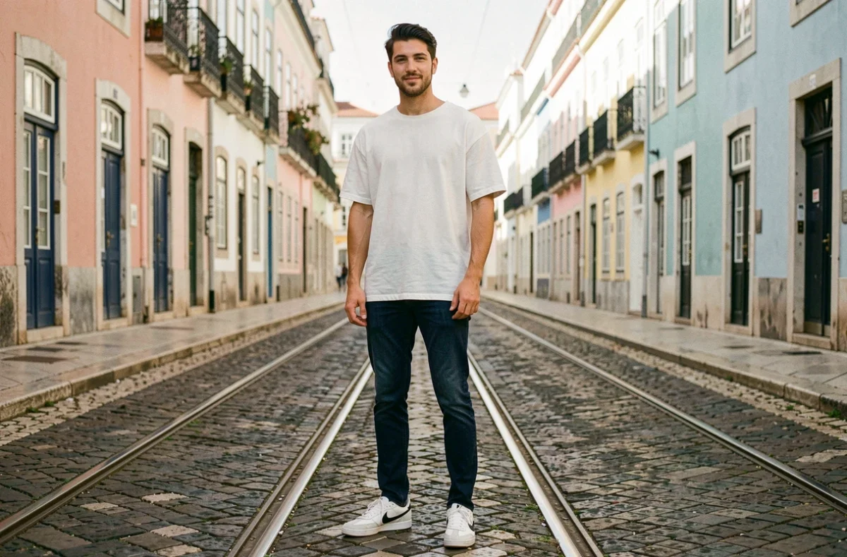 Homme portant des Nike TN Lisboa édition limitée dans une rue historique de Lisbonne avec architecture traditionnelle en arrière-plan