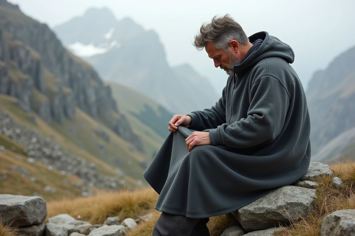 Homme examinant la qualité d'un poncho polaire gris en milieu montagnard sur un sentier de randonnée