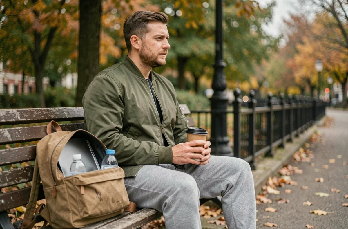 Homme décontracté avec un sac à dos en toile dans un parc urbain en automne, idéal pour un style de vie actif