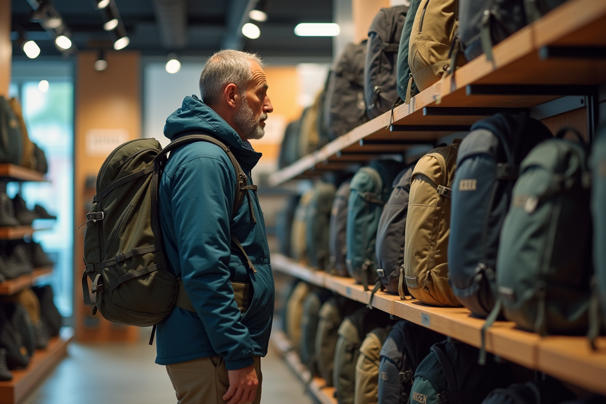 Homme choisissant un sac de randonnée en magasin