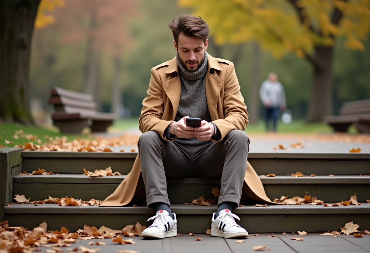 Homme en trench dans un parc en automne