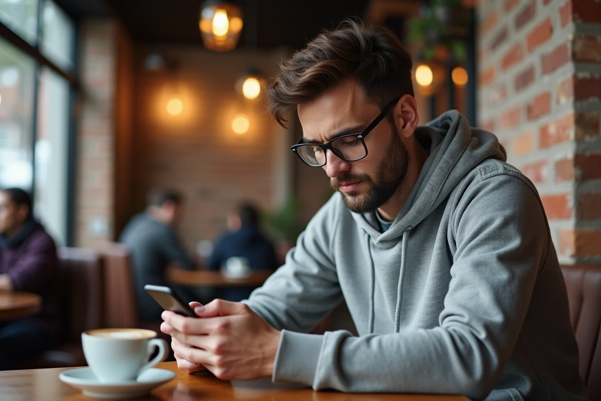 Homme consultant son smartphone dans un café pour vérifier des informations sur les fuites PINKGEEK