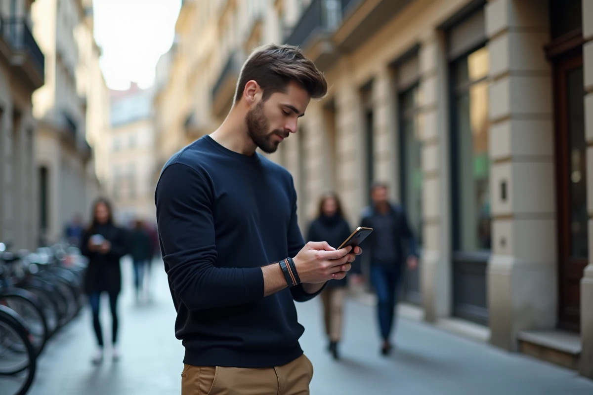 Homme utilisant un smartphone avec coque et cordon en ville, perspective urbaine authentique