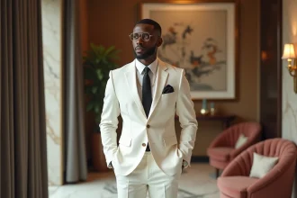 Homme élégant en costume années 80 dans un lounge sophistiqué