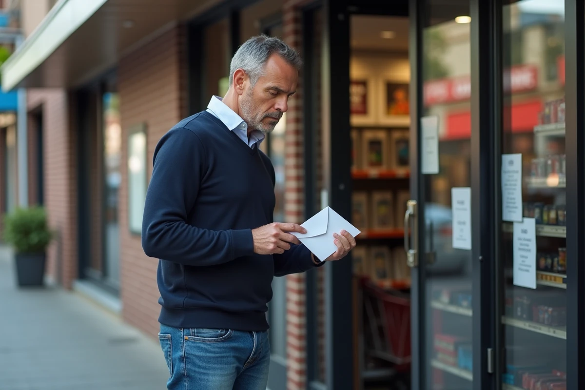 Homme regardant une enveloppe devant un supermarché