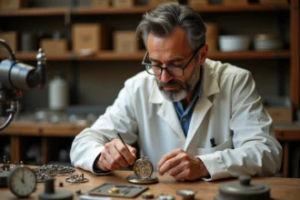 Horloger français assemblant une montre mécanique personnalisable dans un atelier artisanal traditionnel
