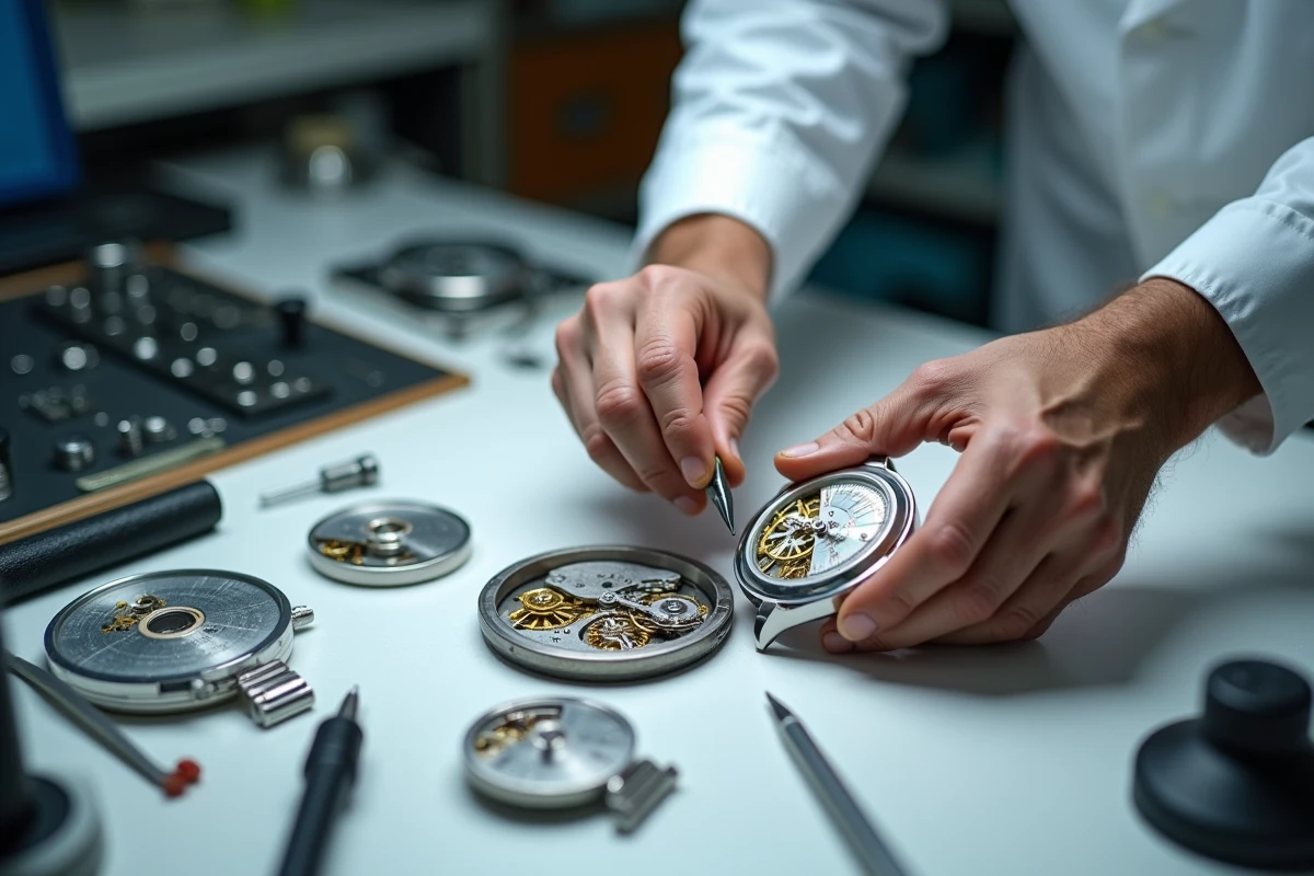 Horloger inspectant le mouvement démonté d'une Rolex Day-Just occasion avec une loupe dans un atelier de réparation