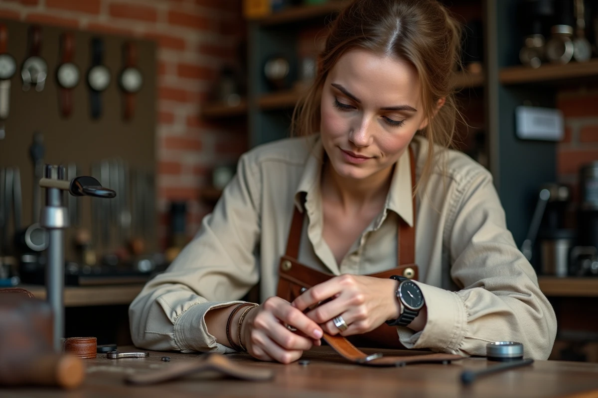 Horlogère professionnelle réglant un bracelet double cuir de montre femme dans un atelier de réparation
