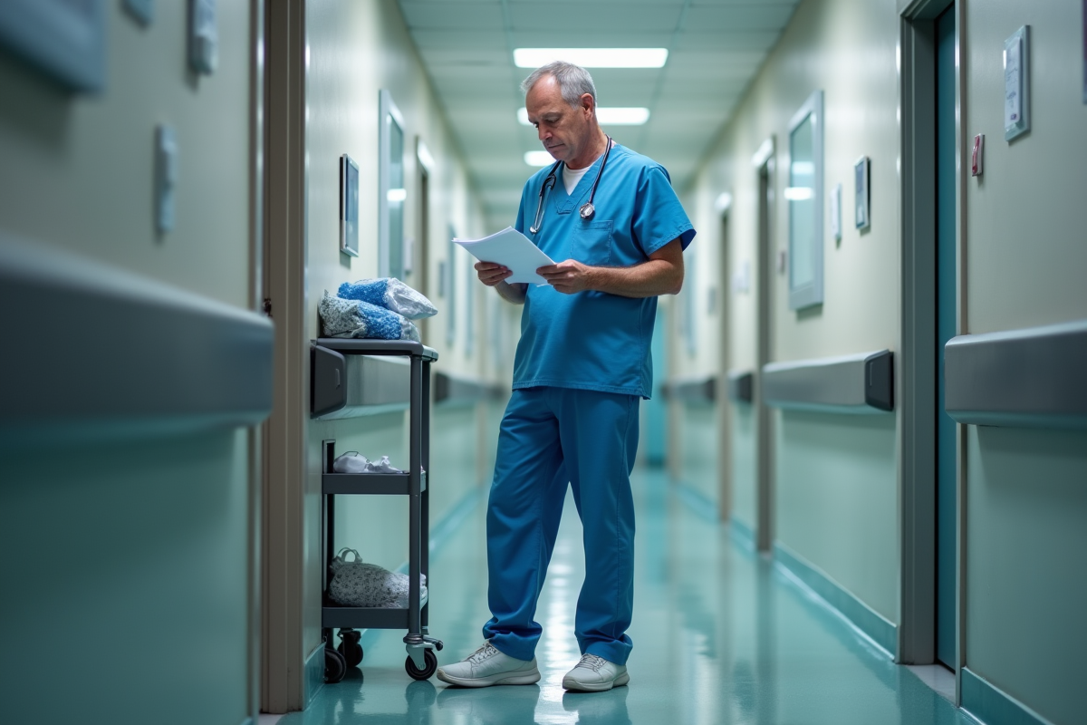 Infirmier en scrubs avec chaussures pratiques dans un couloir d