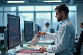 Ingénieur dans un laboratoire moderne testant des textiles techniques