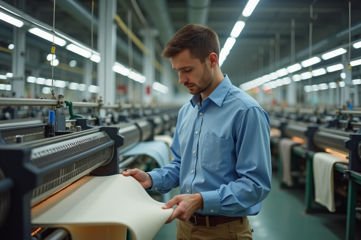 Ingénieur textile inspectant un échantillon de tissu dans une usine moderne