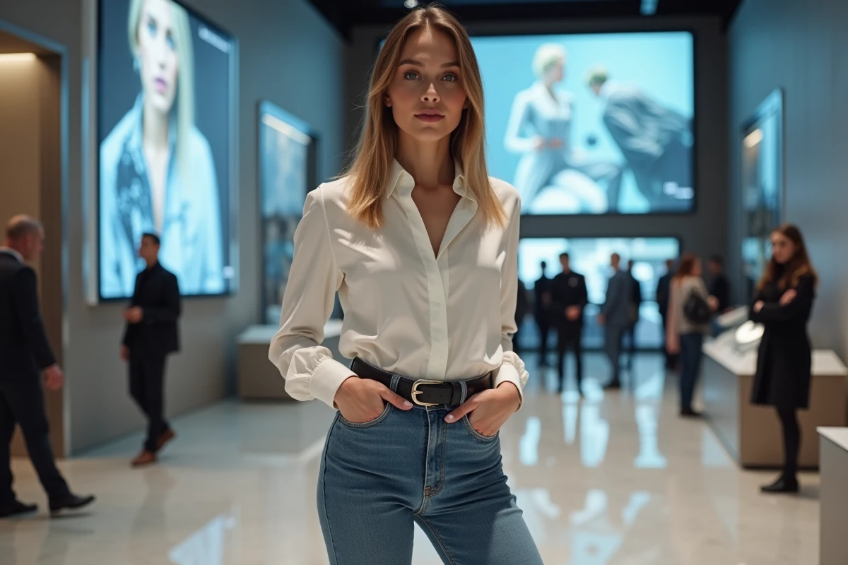 Jeune femme portant jeans de luxe dans une salle d