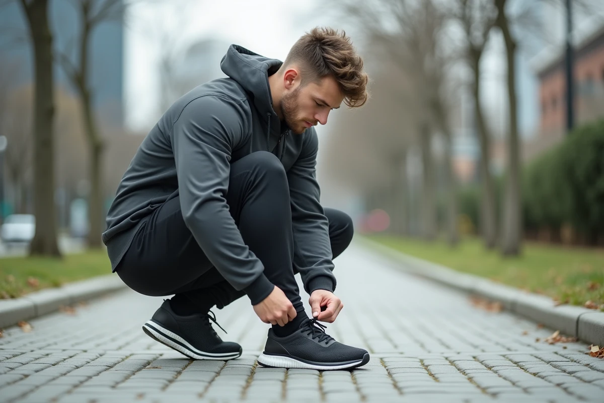Jeune homme en sport lacant ses sneakers en ville
