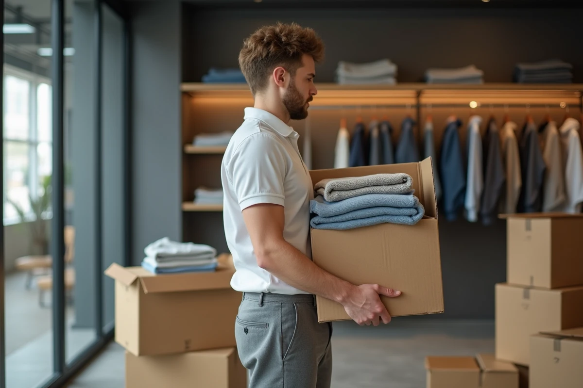Jeune employe rangeant des vetements dans un magasin vide