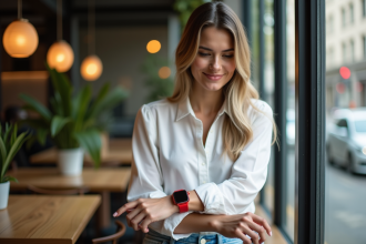 Jeune femme ajustant une montre rouge dans un café lumineux