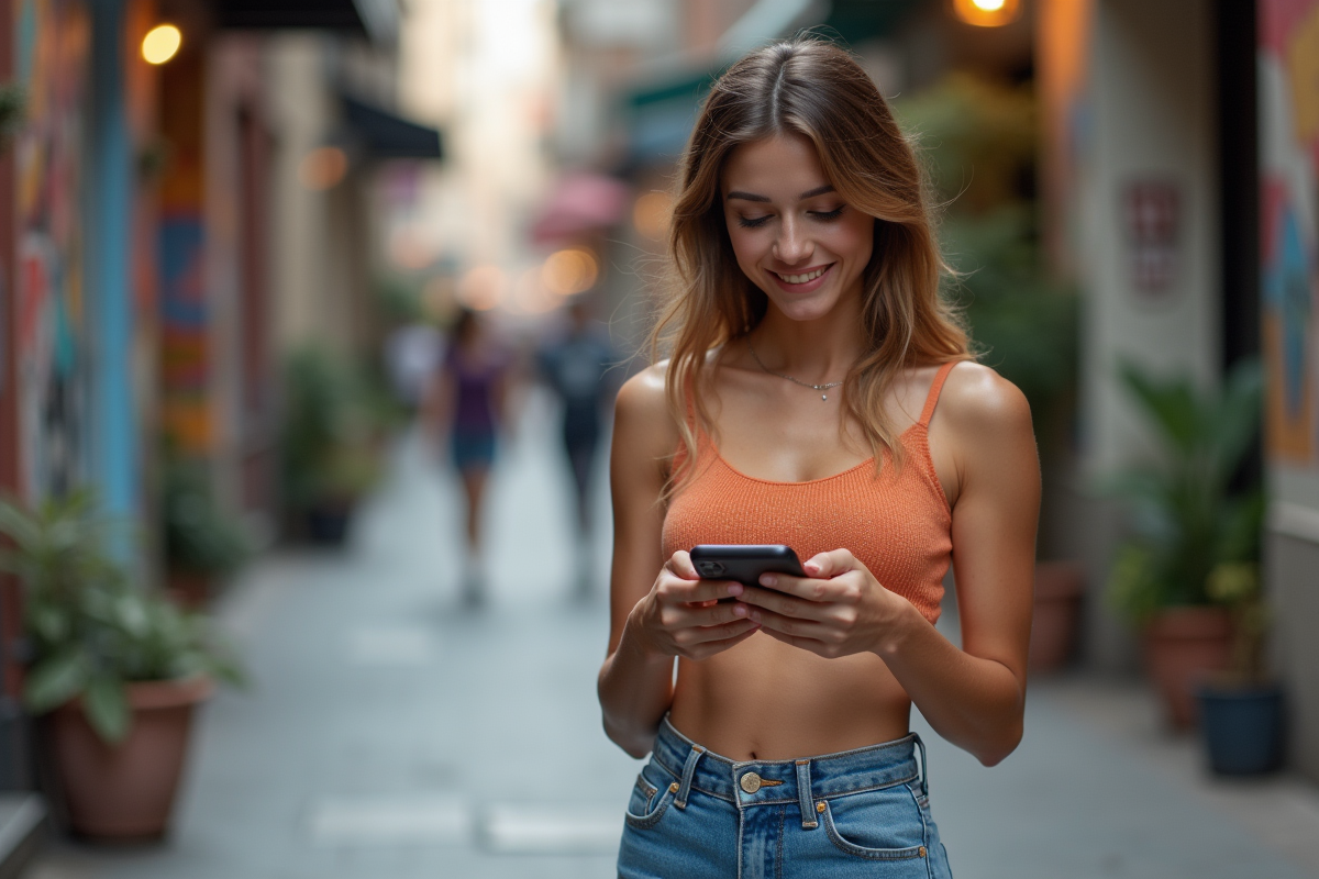 Jeune femme souriante en crop top années 90 en ville