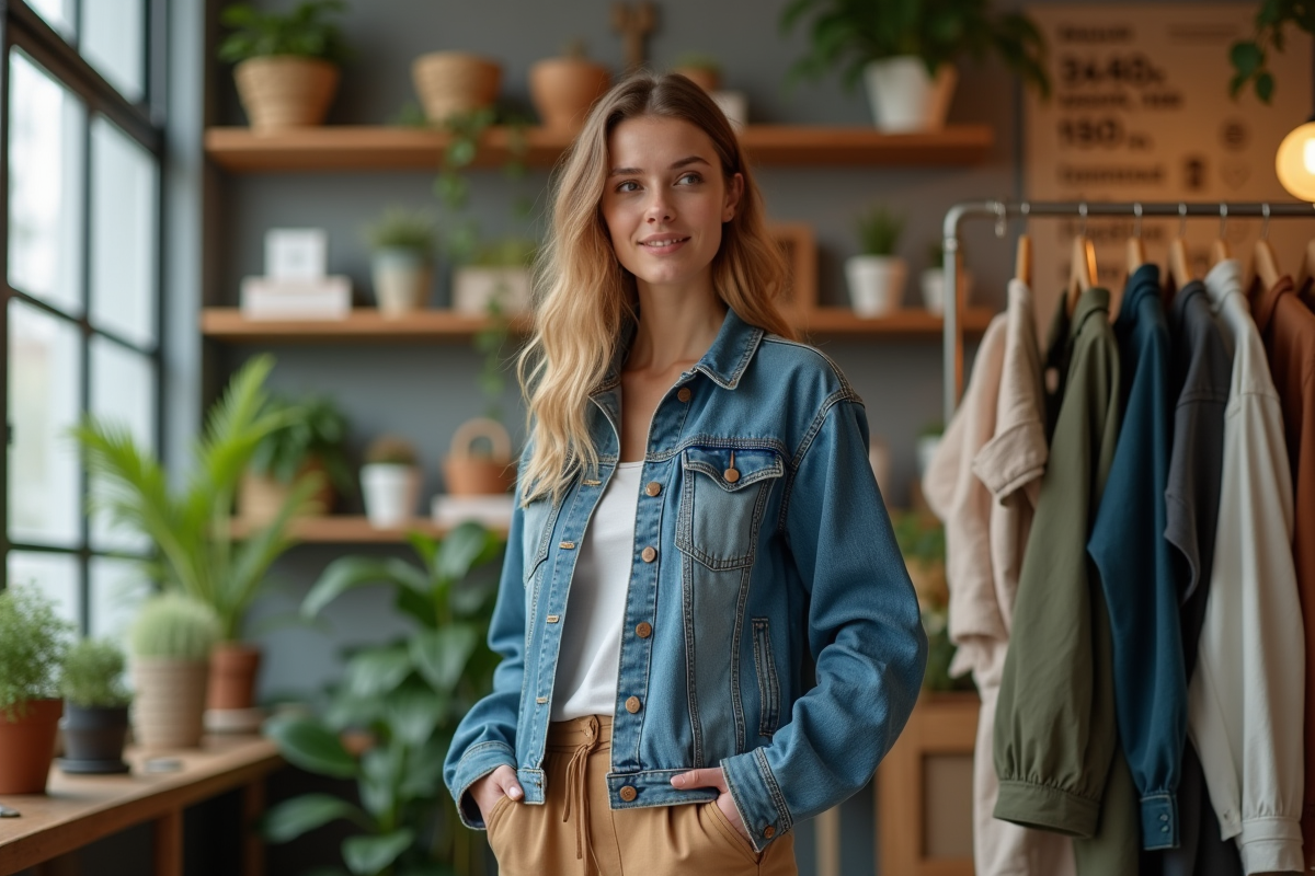 Jeune femme en mode écologique devant vêtements recyclés