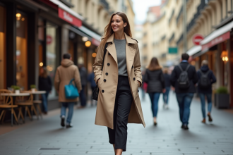 Jeune femme élégante marche dans une rue européenne animée