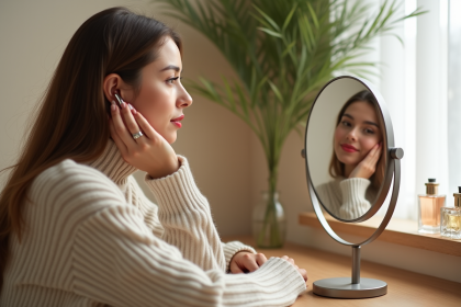 Jeune femme appliquant un rouge à lèvres rouge dans sa salle de bain