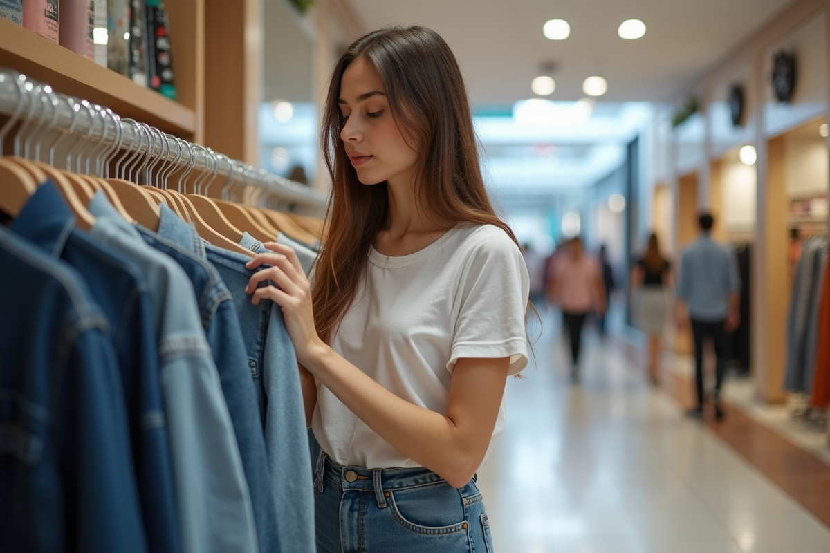 Jeune femme vérifiant les prix dans un centre commercial portugais