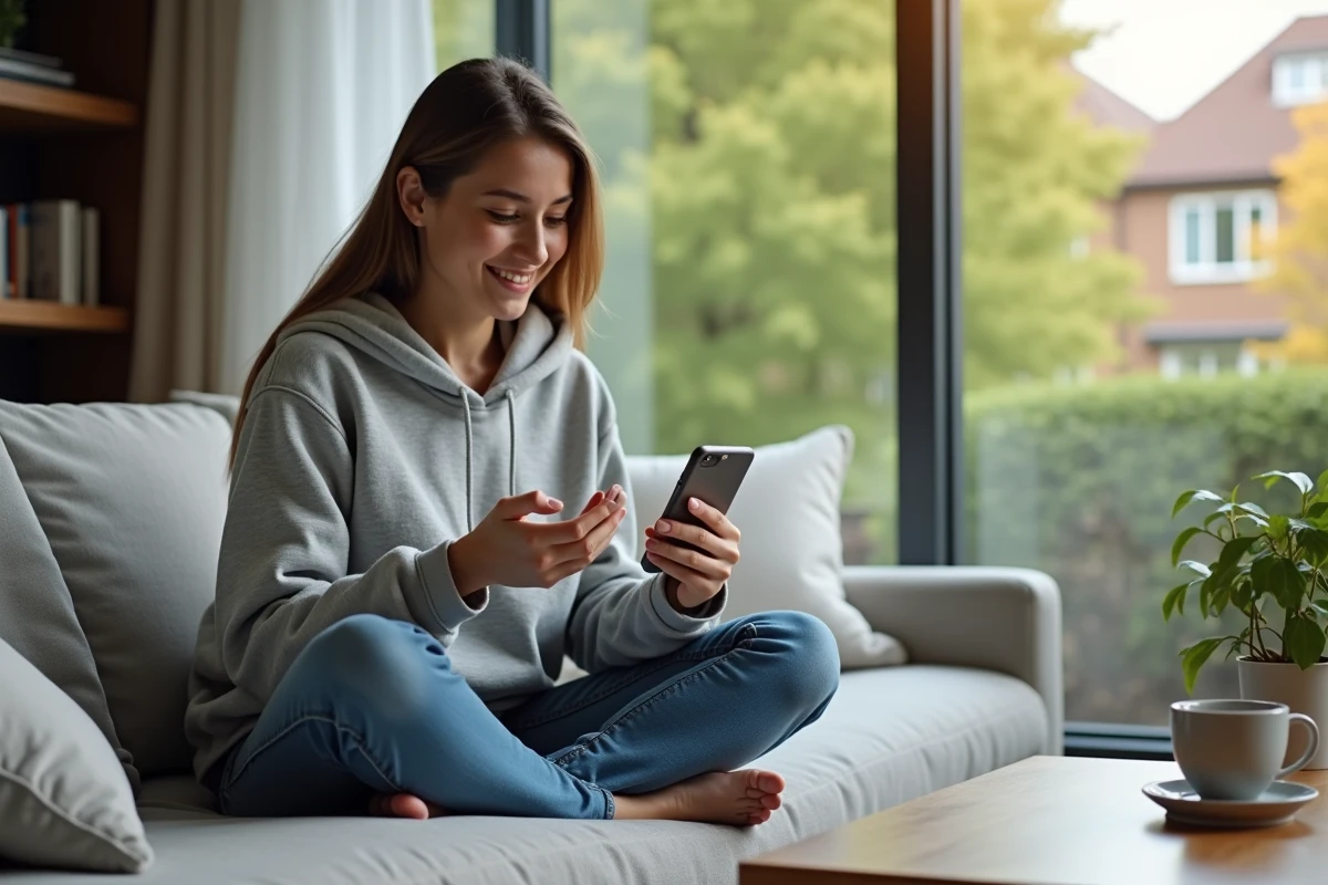 Jeune femme détendue avec hoodie gris dans un salon moderne