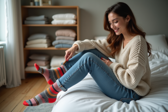Jeune femme souriante compare un chausson coloré dans sa chambre
