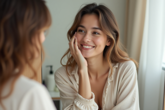 Jeune femme en pyjama douceur sourit en touchant sa joue