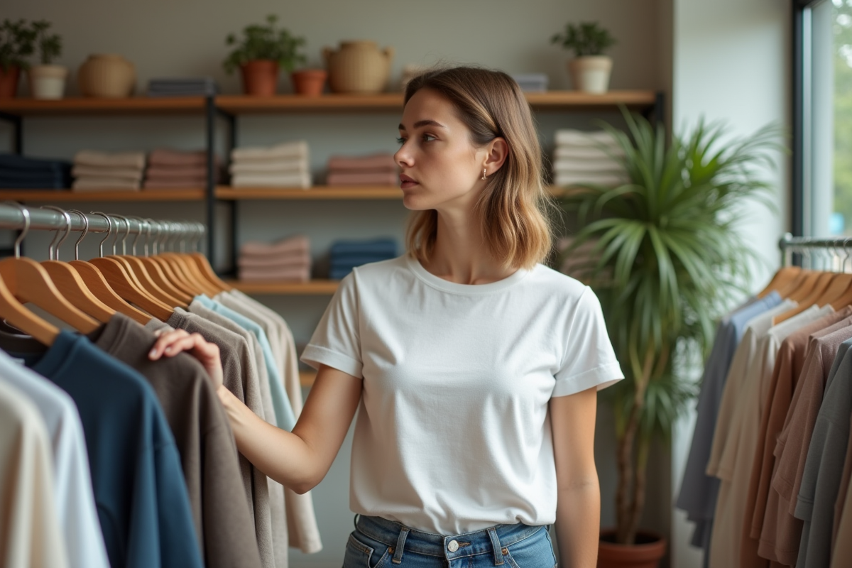 Jeune femme regardant des vêtements ecolabellés en boutique