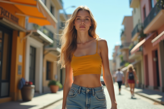 Jeune femme marchant dans la ville en crop top et jeans