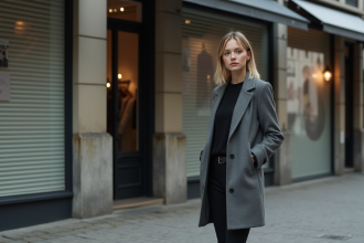 Jeune femme pensive devant une boutique en liquidation