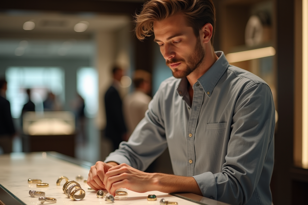 Jeune homme essayant des anneaux dans une boutique sophistiquée