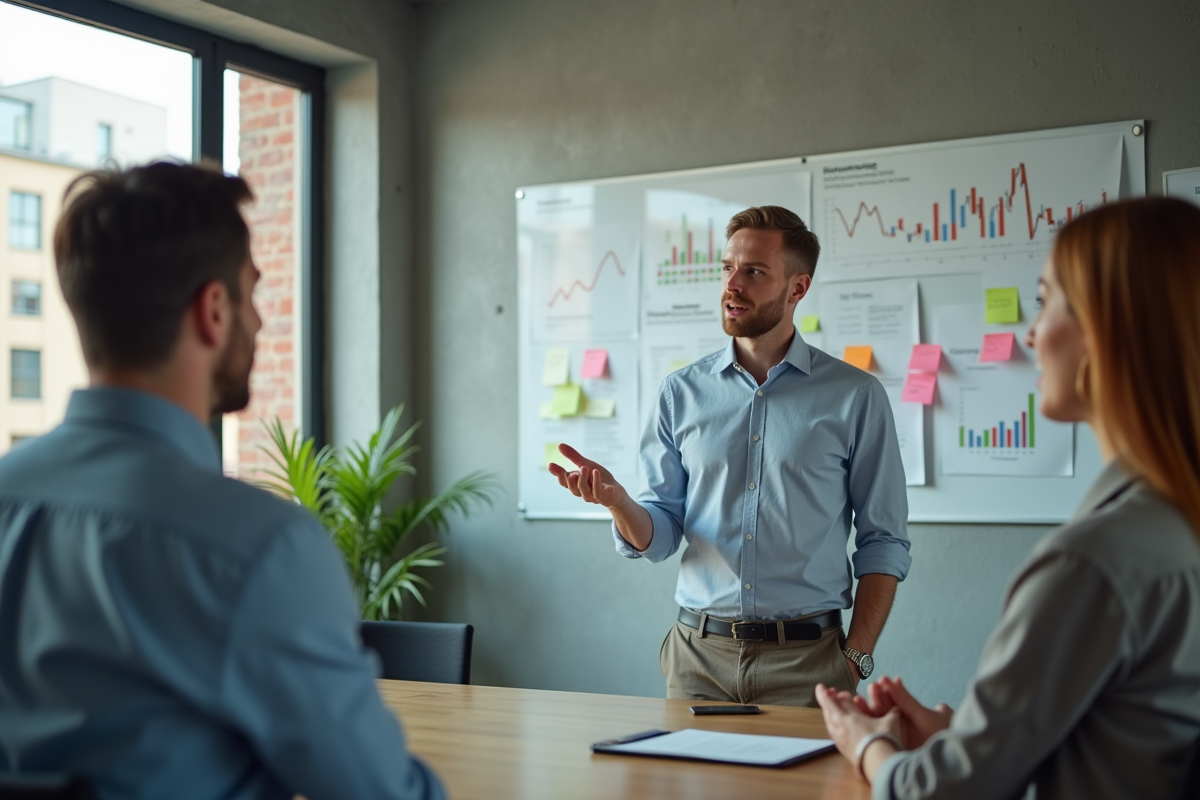 Jeune homme discutant stratégie avec collègues