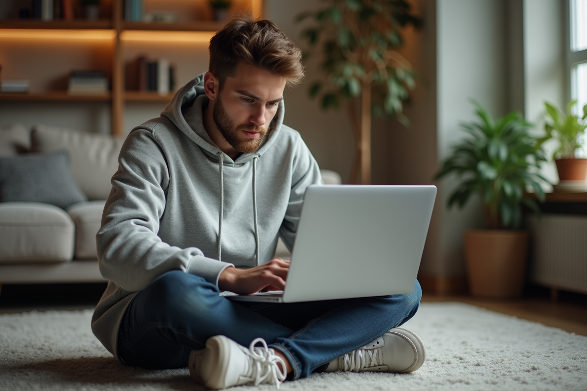 Jeune homme en streetwear utilisant un laptop dans un salon moderne