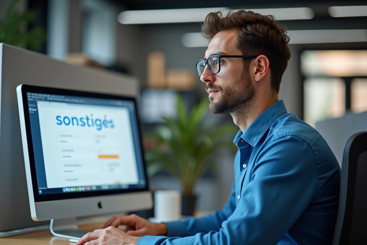 Jeune homme au bureau regardant un formulaire en ligne