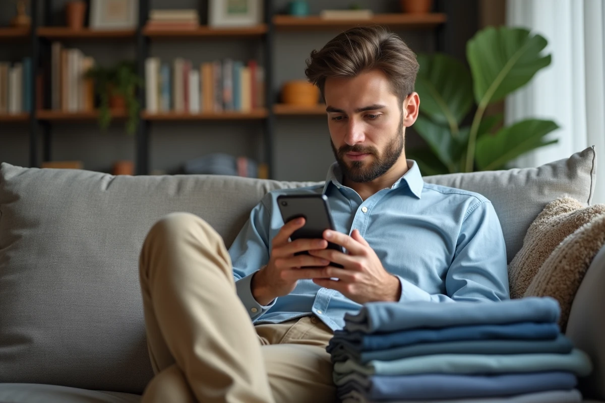 Jeune homme sur canapé utilisant son smartphone