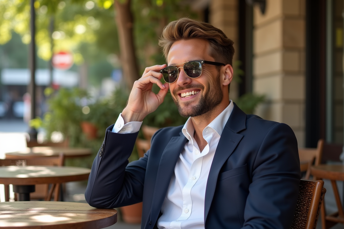 Jeune homme au café portant des lunettes de soleil classiques