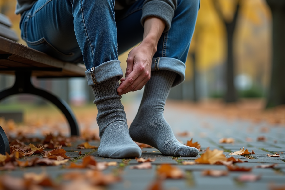 Jeune homme assis dans un parc urbain en automne en train de remonter ses chaussettes