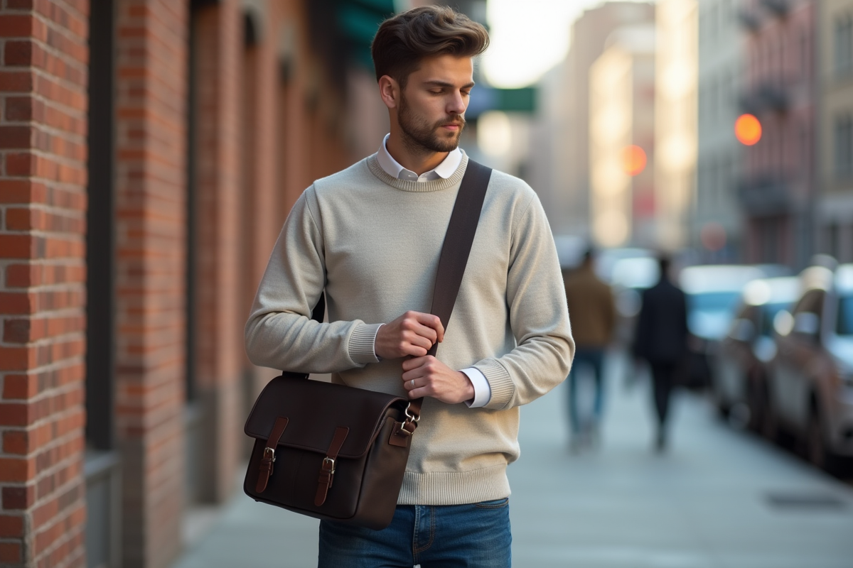 Jeune homme essayant un sac messenger en ville