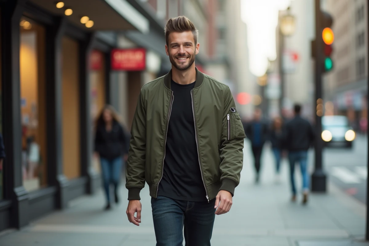 Jeune homme en mullet marche dans une rue animée