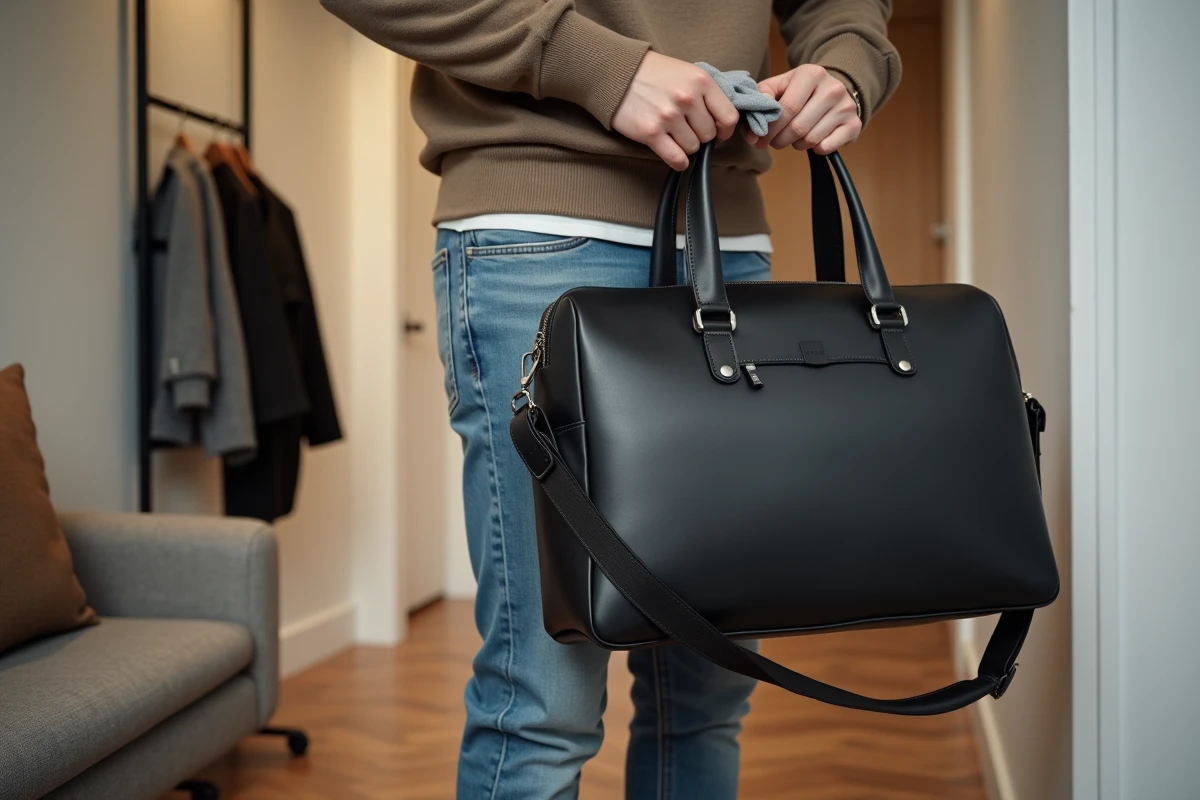 Jeune homme nettoyant sac en cuir noir dans un appartement moderne
