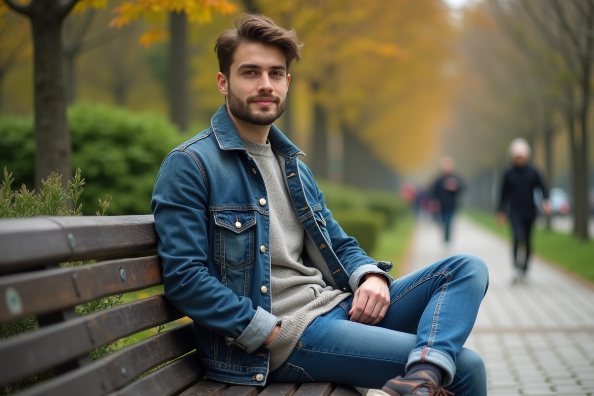 Jeune homme détendu assis sur un banc de parc