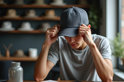 Jeune homme ajustant sa casquette dans un espace intérieur