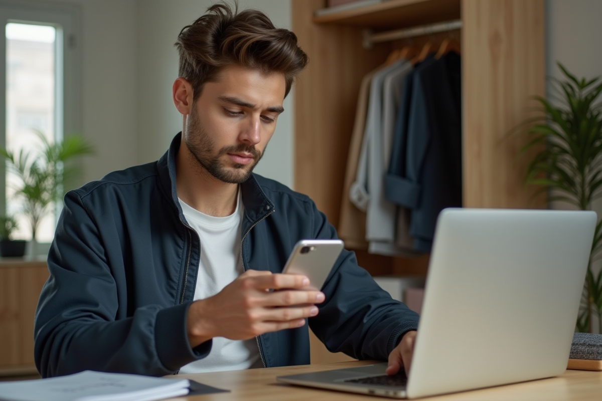 Jeune homme utilisant son smartphone à son bureau