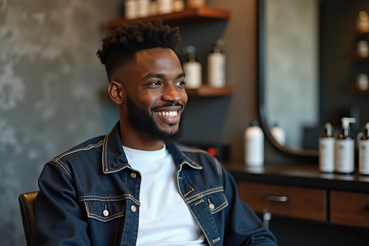 Jeune homme noir avec coupe taper fade dans un salon moderne