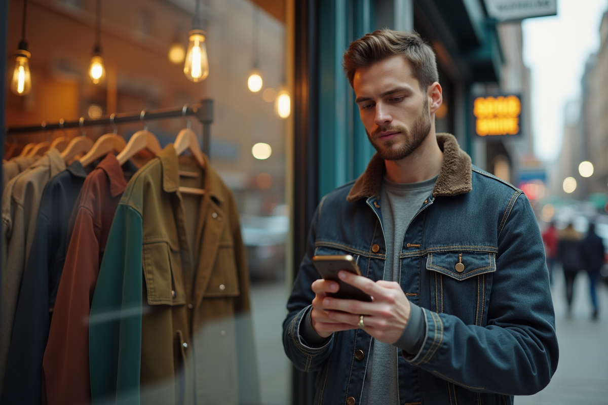 Jeune homme comparant vêtements sur Vinted devant une vitrine urbaine