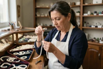 Joaillière experte examinant un collier de vraies perles de culture dans son atelier avec une loupe