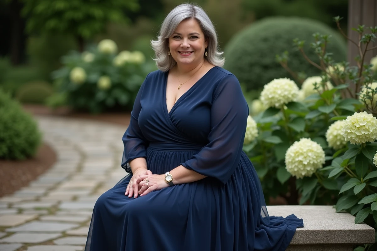 Femme ronde assise dans un jardin fleuri portant une robe portefeuille bleue marine avec un jupon en mousseline structurant la silhouette