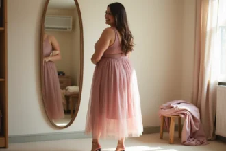 Femme grande taille portant une robe midi en rose poudré avec un jupon en tulle blanc visible sous l'ourlet, dans une cabine d'essayage élégante