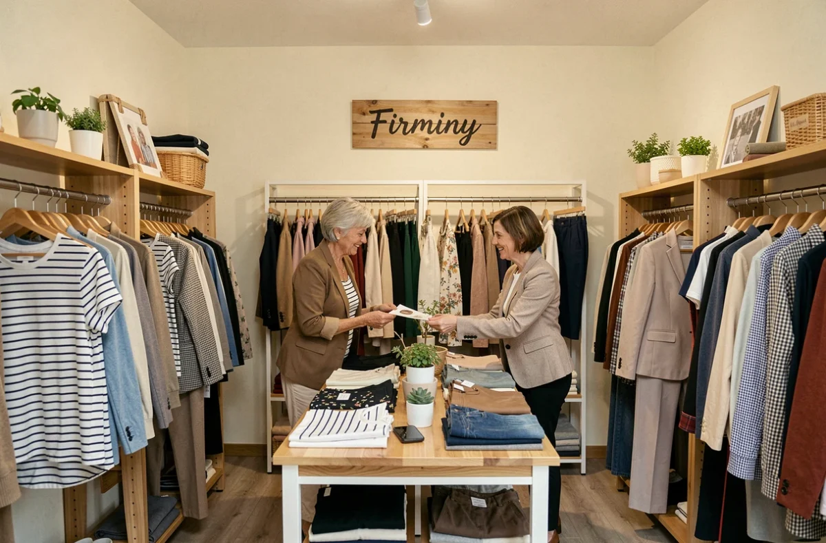 Intérieur de la boutique K-Nel prêt-à-porter femme à Firminy avec une vendeuse aidant une cliente devant les portants